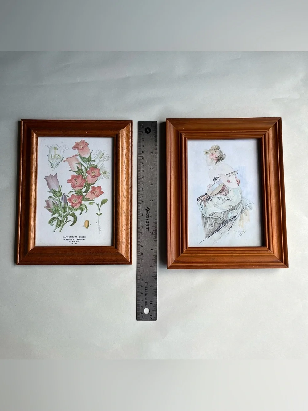 Vintage Honey Tone Wood Picture Photo Frames w/ Fine Art Prints-Set of 2